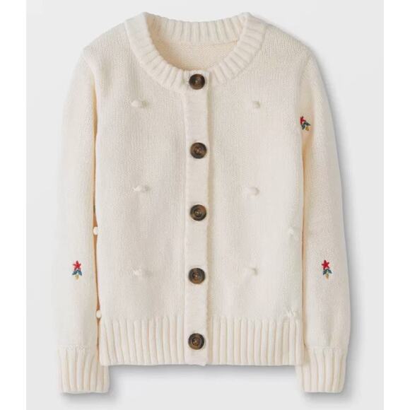 Hanna Andersson Ecru Cream Knit Cardigan 6/7 Floral Embroidered Bobble Texture - Picture 1 of 14